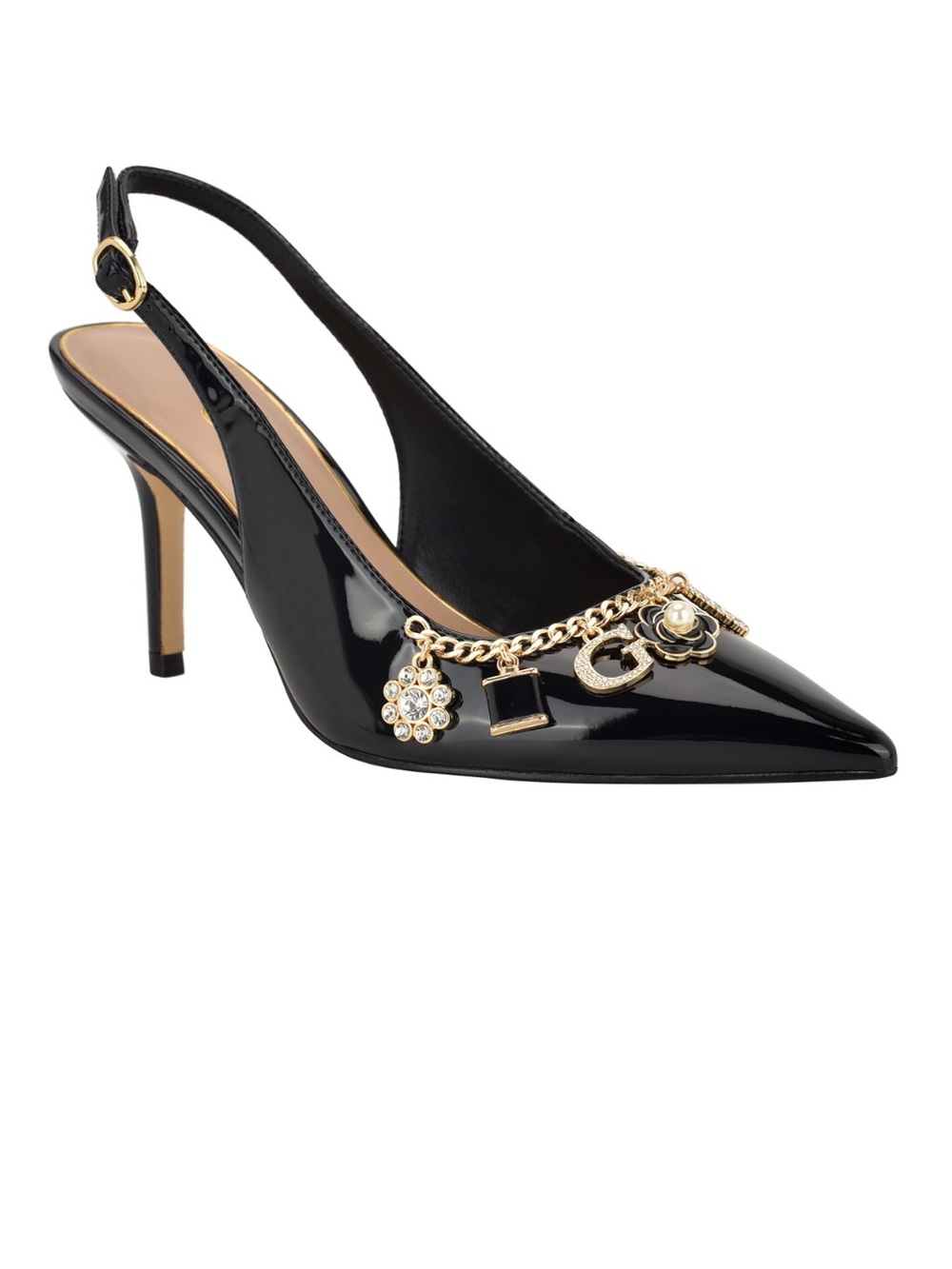 Guess Black Patent Slingback Pump with Gold Charm Chain Accents